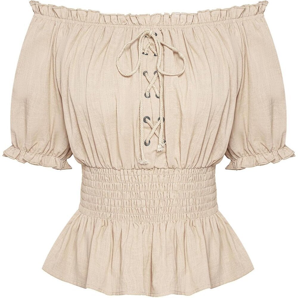 Women's Cotton Off Shoulder Peplum Blouse Smocked Waist Victorian Style